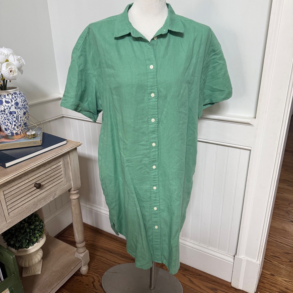 Gap Womens Green Linen Cotton Blend Short Sleeve Button Front Shirt Dress Size M